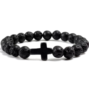 Handmade Natural Stone Cross Bracelet – Black Lava, Matte Beads, Unisex Prayer & Fitness Jewelry