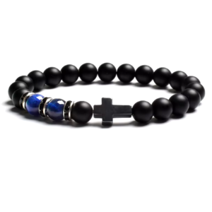 Fashion Cross Bracelet for Men & Women | 8mm Natural Tiger Eye & Black Matte Agate Beads | Elastic Religious Jewelry Bangle