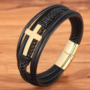 2024 Men’s Luxury Multicolor Cross Leather Bracelet – Stainless Steel, Classic Design, Perfect Christmas Gift