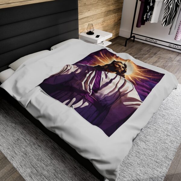 Velveteen Plush Blanket - Jesus Christ in Purple Robe Design | FaithScript Studio Exclusive - Image 4