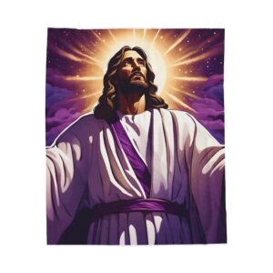 Velveteen Plush Blanket – Jesus Christ in Purple Robe Design | FaithScript Studio Exclusive